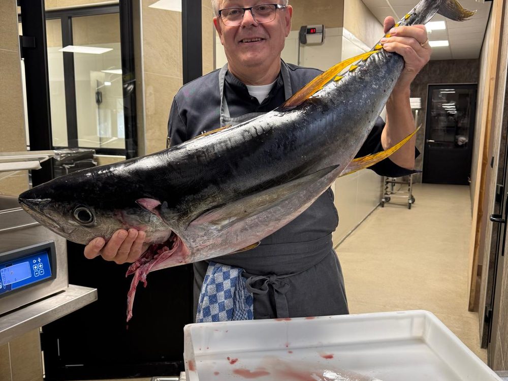 Chef in the kitchen with a fresh yellowfin tuna landed off Bonaire